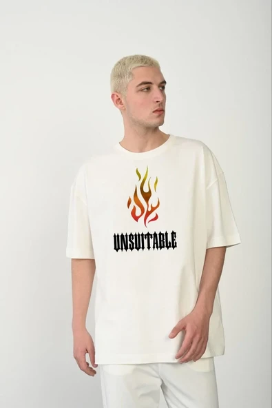 Unisex Bisiklet Yaka Baskılı Oversize T-shirt - Beyaz ürün görseli 1