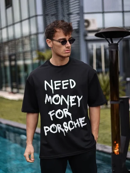 Unisex Bisiklet Yaka Baskılı Oversize T-shirt - Siyah ürün görseli 1