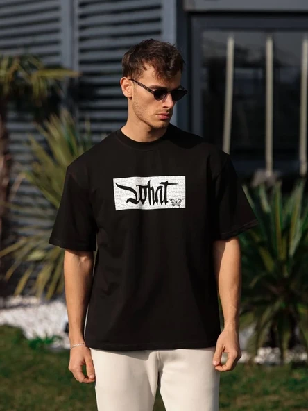 Unisex Bisiklet Yaka Baskılı Oversize T-shirt - Siyah ürün görseli 1