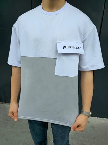 Unisex Torba Cep Detaylı  Parçalı T-shirt - Gri ürün görseli 1