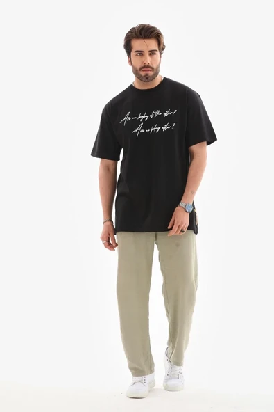 Unisex Bisiklet Yaka Baskılı Oversize T-shirt - Siyah ürün görseli 1