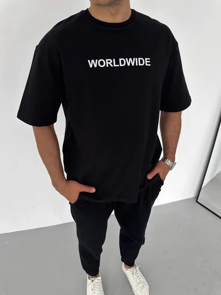 Unisex Bisiklet Yaka Baskılı Oversize T-shirt - Siyah ürün görseli 1