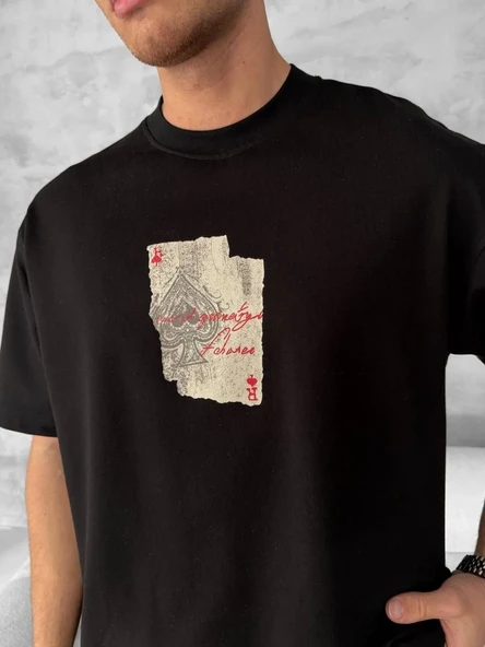 Ön Ve Arka Baskılı Oversize Bisiklet Yaka T-shirt - Siyah ürün görseli 1