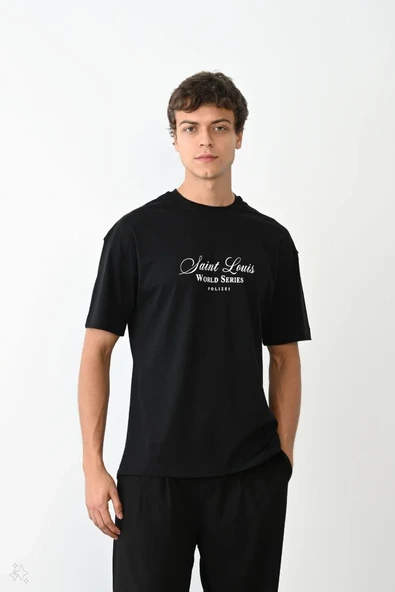 Unisex Bisiklet Yaka Baskılı Oversize T-shirt - Siyah ürün görseli 1