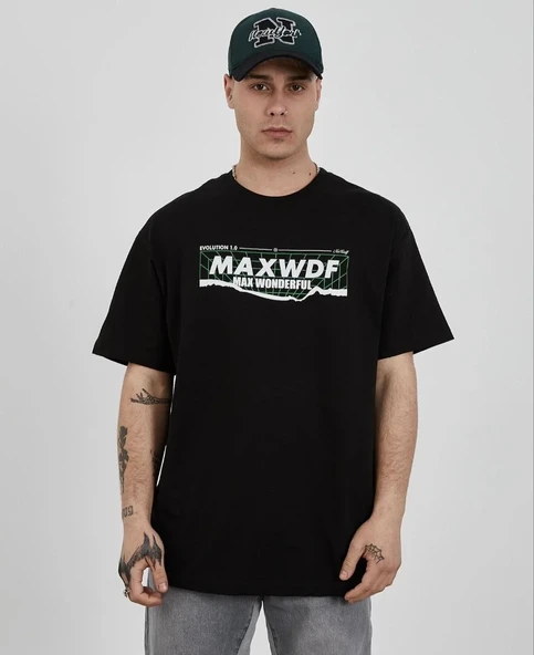 Unisex Bisiklet Yaka Baskılı Oversize T-shirt - Siyah ürün görseli 1