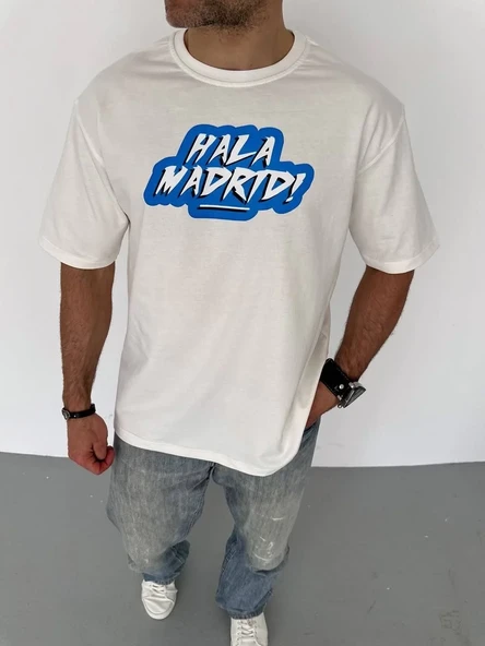 Unisex Bisiklet Yaka Baskılı Oversize T-shirt - Beyaz ürün görseli 1