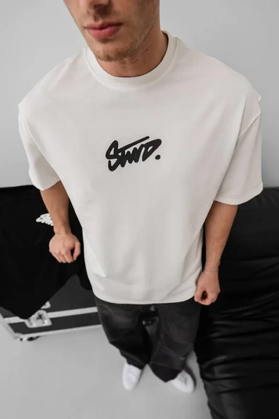 Erkek Baskılı Oversize T-shirt - Beyaz - Resim 4