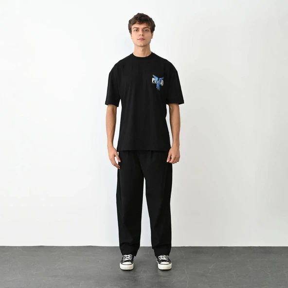 Unisex Bisiklet Yaka Baskılı Oversize T-shirt - Siyah ürün görseli 1