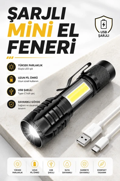 El Feneri Led USB Şarjlı Zoom Mini Led Işık Acil Durum Feneri ürün görseli 1