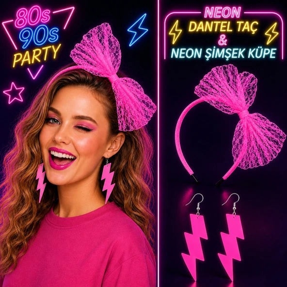 Neon Pembe Dantel Taç ve Şimşek Küpe 80'ler 90'lar Parti Seti ürün görseli 1