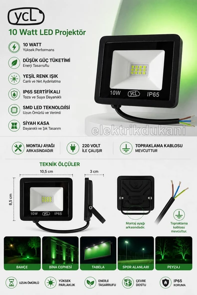 YCL 10w YEŞİL Led Projektör SMD IP65 900lm (10 Watt 220 Volt) ürün görseli 1