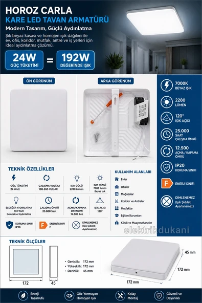 HOROZ Carla/Sq-24 24w BEYAZ Işık Kare Sıva Üstü Led Glop 7000k 2500lm 24 Watt 220V IP20 S. Ü. ürün görseli 1