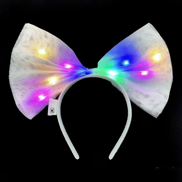 Rengarenk Led Işıklı Fiyonk Şekilli Tül Parti Tacı Beyaz Renk 25X25 Cm ürün görseli 1