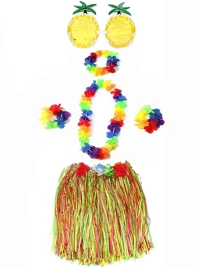 Yetişkin Çocuk Uyumlu Luau Aloha Hawaii Rengarenk 40 Cm Etek Ananas Şekilli Gözlük Hawaii Kolye Renkli Taç 2 Adet Bileklik Seti ürün görseli 1