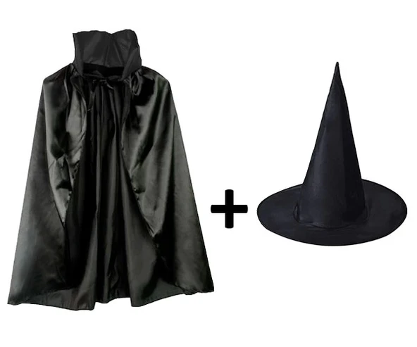 Siyah Yakalı Pelerin Siyah Cadı Şapkası Seti Çocuk Boy ürün görseli 1