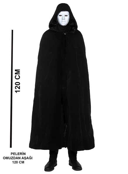 Siyah Kapüşonlu 120 Cm Pelerin Beyaz Boyanabilir Tam Yüz Maske ürün görseli 1