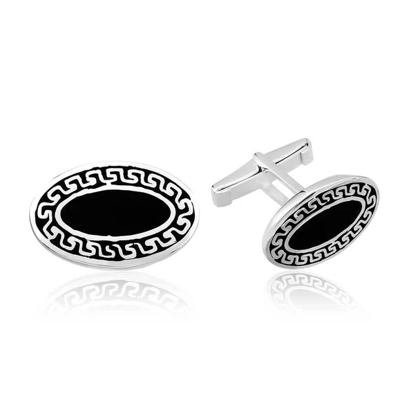 Gümüş Siyah Zeminli Desenli Oval Kol Düğmesi ürün görseli 1