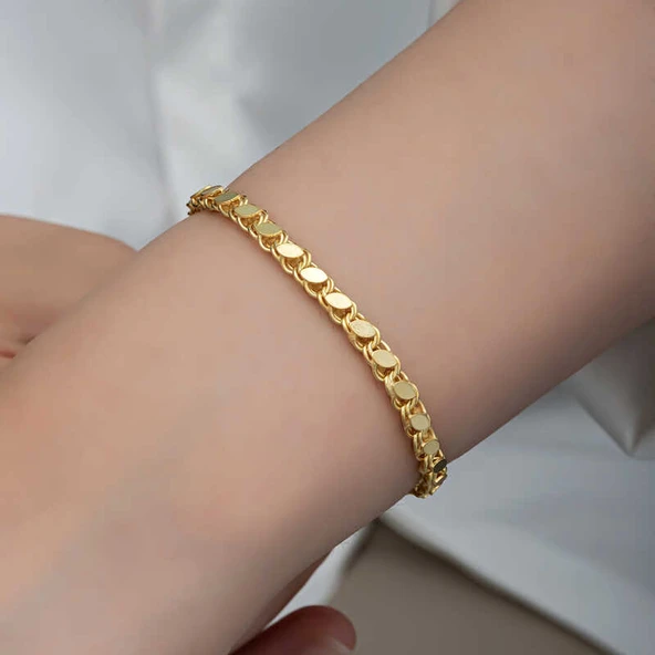 Gümüş Gold Pullu Zincir Kadın Bileklik - Resim 4