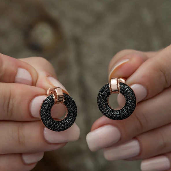 Gümüş Siyah Çok Taşlı Daire Bayan Küpe - Resim 4