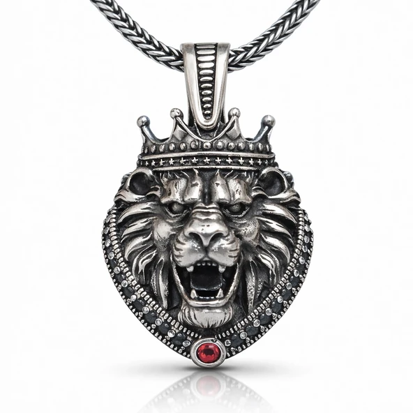 Gümüş Taçlı Aslan Figürlü Erkek Kolye ürün görseli 1