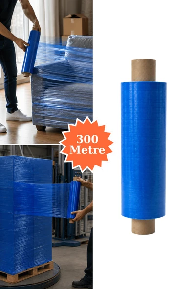El Tipi Mavi Streç Film Mobilya Eşya Koli Palet Paket Taşıma Sarma Koruma 40 cm x 300 m 18 Mikron ürün görseli 1