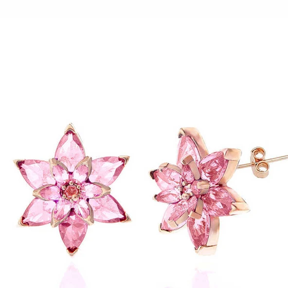 Gümüş Pembe Lotus Çiçeği Çivili Kadın Küpe ürün görseli 1