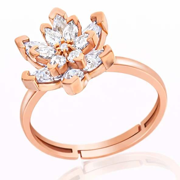 Gümüş Beyaz Taşlı Lotus Çiçeği Kadın Yüzük ürün görseli 1