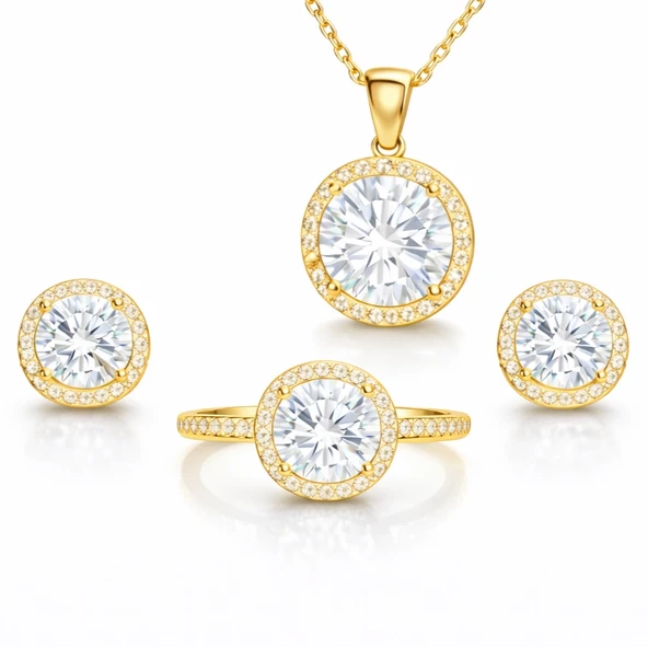 Gümüş Gold Yuvarlak Montür Tek Taş Kadın Set ürün görseli 1