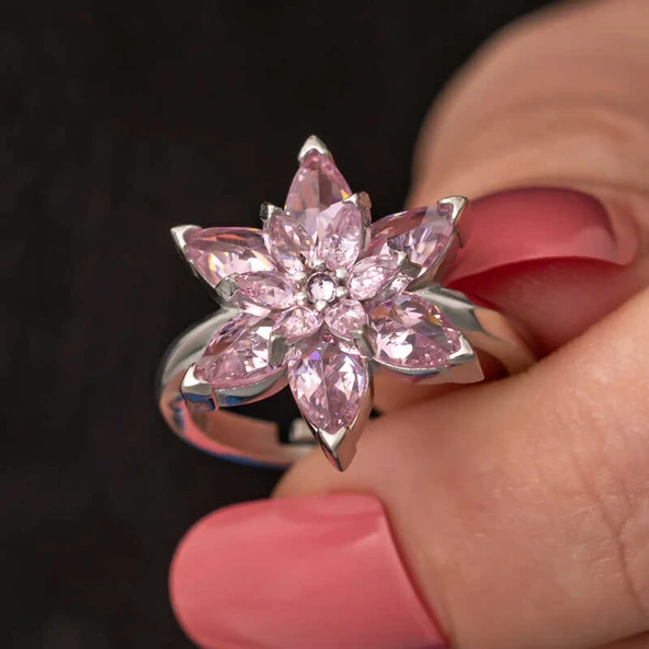 Gümüş Pembe Lotus Çiçeği Kadın Yüzük ürün görseli 1