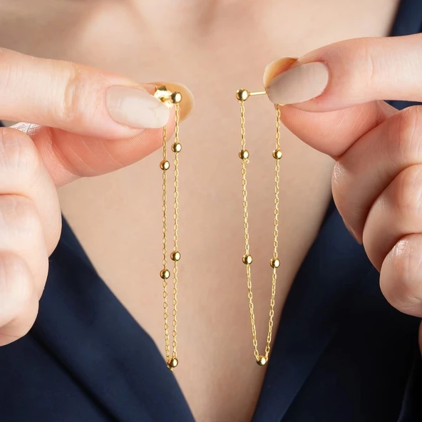 Gümüş Çift Zincirli Gold Top Detaylı Kadın Küpe ürün görseli 1