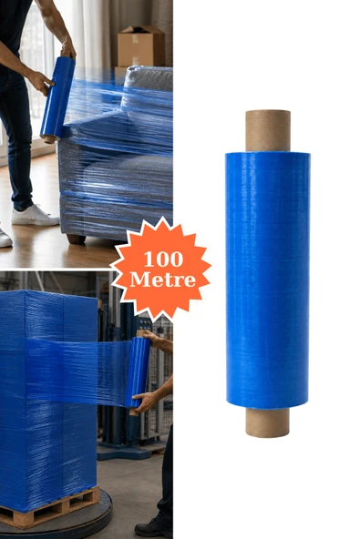 El Tipi Mavi Streç Film Mobilya Eşya Koli Palet Paket Taşıma Sarma Koruma 40 cm x 100 m 18 Mikron ürün görseli 1