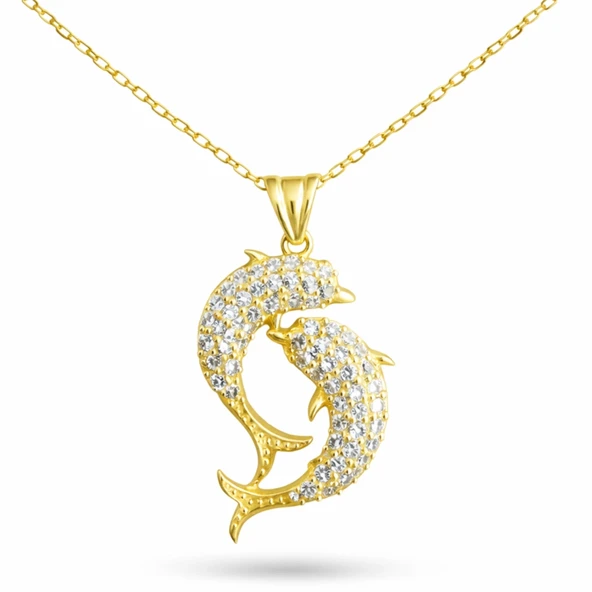 Gümüş Gold Çift Yunus Balığı Kadın Kolye ürün görseli 1