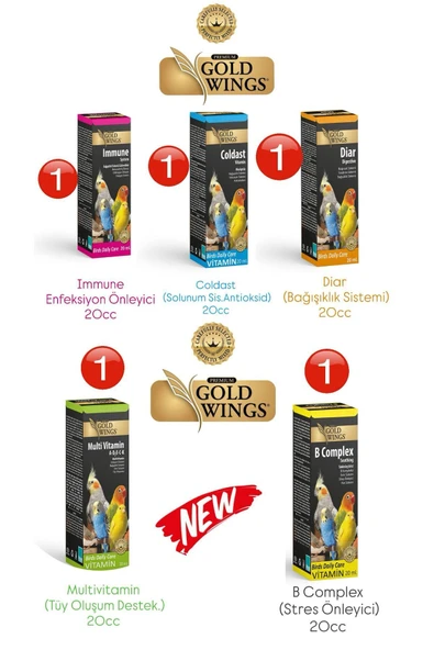 TOM&JERRYPETSHOP-Kuş Vitamin Seti (5) 20c Muhabbet Kuşu Kanarya Papağan A-B-D3-E-C-K vitaminleri mix ürün görseli 1