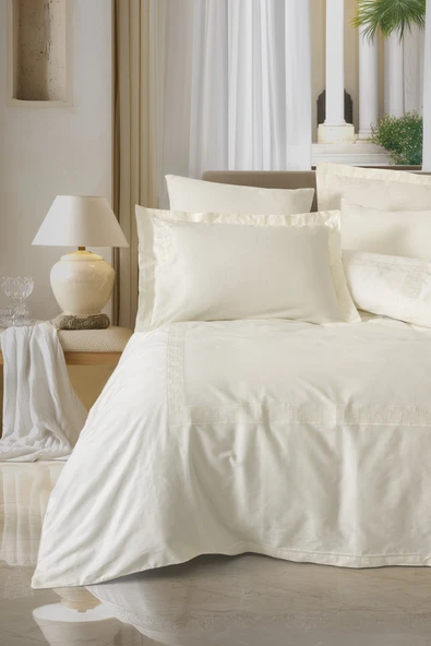 Cotton Box Brode Nakışlı Saten Çift Kişilik Nevresim Takımı Luxe Ekru ürün görseli 1