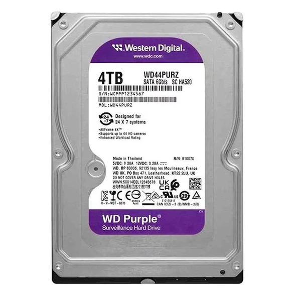 Wd 4Tb 3.5 Purple WD44PURZ Sata3 5400RPM 128MB 7/24 Guvenlık Harddisk ürün görseli 1