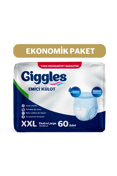 Giggles Yetişkin Emici Külot Bez XXLarge Bel Ölçüsü 170+cm Islaklık Göstergeli 30'lu 2 Paket 60 Adet ürün görseli 1