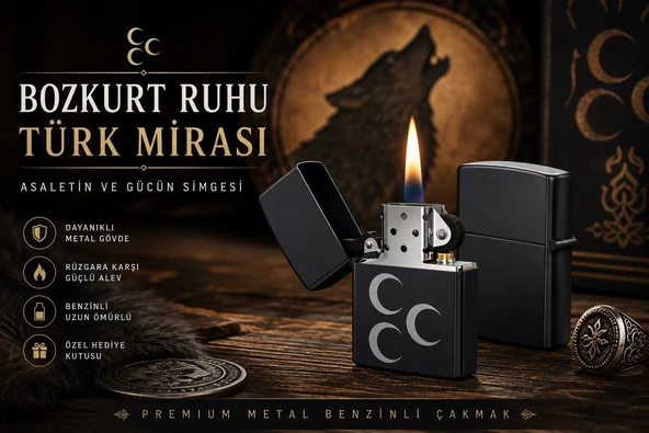 Asaletin Gücün Simgesi Bozkurt Ruhu Türk Mirası Üç Hilal Desenli Benzinli Metal Çakmak Dolu Gönderim ürün görseli 1