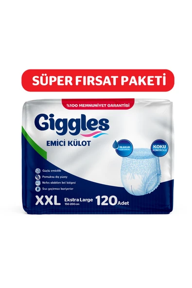Giggles Yetişkin Emici Külot Bez XXLarge Bel Ölçüsü 170+cm Islaklık Göstergeli 30'lu 4 Paket 120 Adet ürün görseli 1
