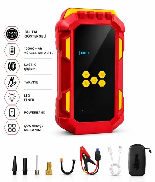 ALGARİDE HKT1430 Şarjlı Akü Takviyeli Hava Pompası 8000mAh Powerbank Destekli 4'ü 1 arada hava pompası ürün görseli 1
