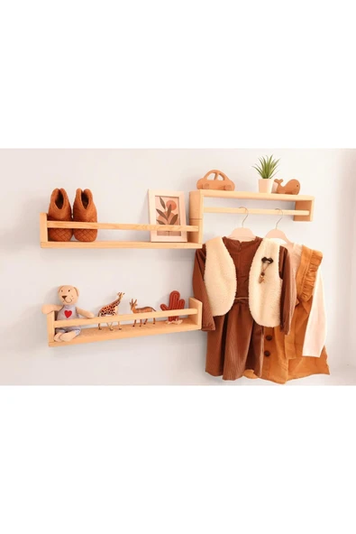 AHŞAP CRAFT Montessori Kitaplık Çocuk Bebek Odası Rafı Ahşap Kitaplık Askılık 40cm 3lü Ters Düz Raf ürün görseli 1