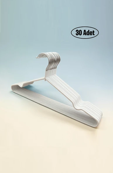 Silikon Kaplı Kaydırmaz Metal Elbise Askısı, Gömlek Askısı, Tişört Askısı, Beyaz, 30 Adet ürün görseli 1