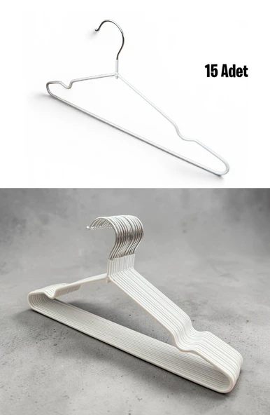 Silikon Kaplamalı Metal Askı, Tel Elbise Askısı, Tişört Askısı, Gömlek Askısı, Beyaz Renk, 40 cm, 15 Adet ürün görseli 1