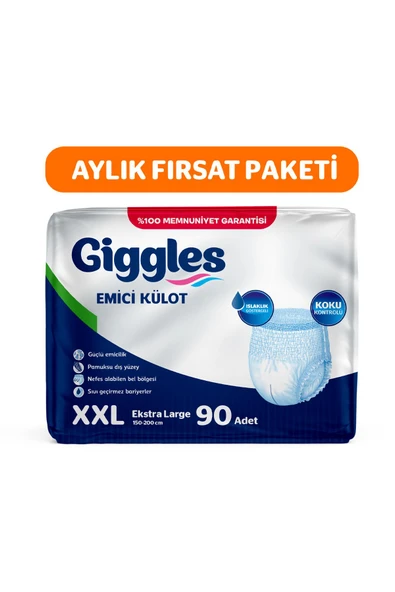 Giggles Yetişkin Emici Külot Bez XXLarge Bel Ölçüsü 170+cm Islaklık Göstergeli 30'lu 3 Paket 90 Adet ürün görseli 1