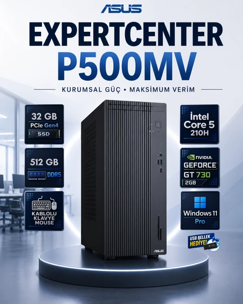P500MV Intel Core 5 210H 32 GB DDR5 512 GB SSD Nvidia GeForce GT 730 Windows 11 Pro Masaüstü Bilgisayar P500MVCORE5GT730RNP13 ürün görseli 1