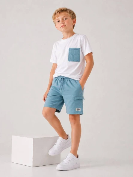 Cg Kids Kargo Cepli Mavi Şort & Beyaz T-shirt Cep Detaylı Erkek Çocuk Alt Üst Takım ürün görseli 1