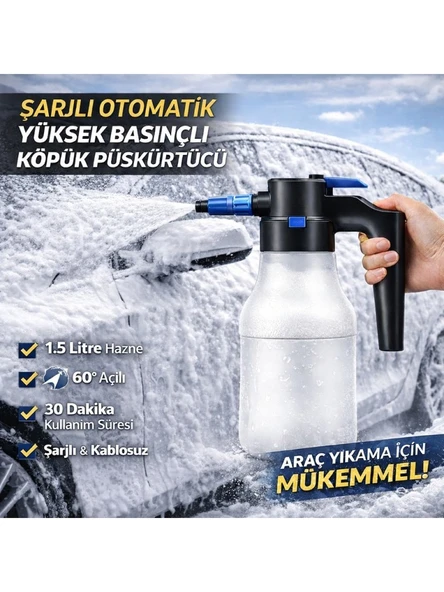 CARUB Şarjlı Otomatik 1.5 Litre Yüksek Basınçlı Araç Yıkama Köpük Püskürtücü El Pompası, Otomobil Temizleme Pompası ürün görseli 1