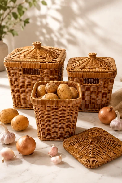 3'lü Kare Patates Soğan Sarımsak Sepeti Seti - Rattan Düzenleyici Kapaklı Sebzelik Soğanlık ürün görseli 1