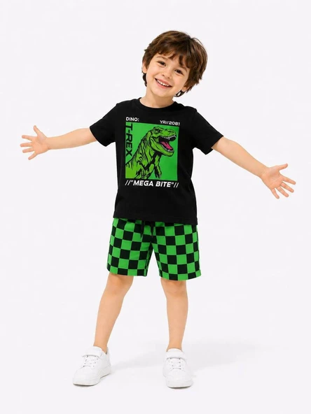 Cg Kids Dinozor Baskılı T-Shirt ve Damalı Şort Alt  Erkek Çocuk Üst Takım ürün görseli 1