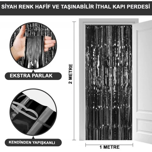 Ekstra Metalize Parlak Saçaklı Arka Fon Perde Siyah ürün görseli 1