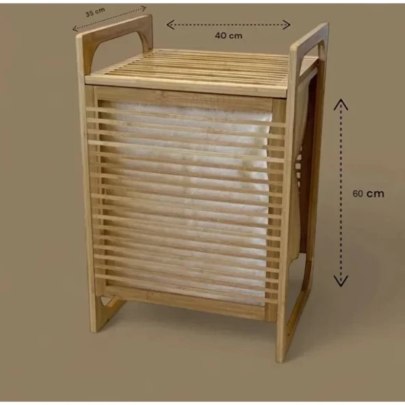 Orta Boy Ahşap Bambu Kirli Sepeti 40x35x60 - Resim 2
